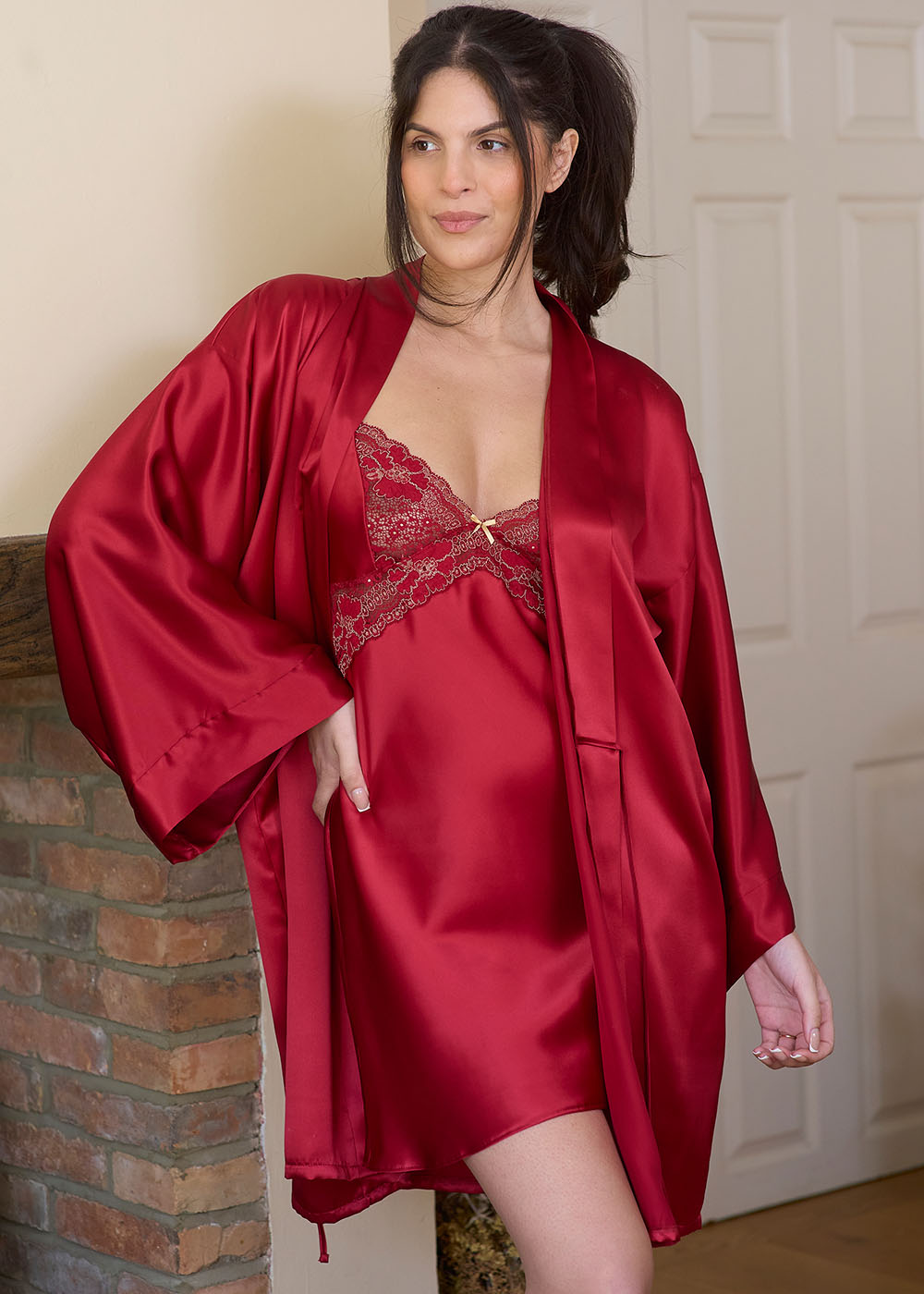 Cranberry silk chemise and short kimono