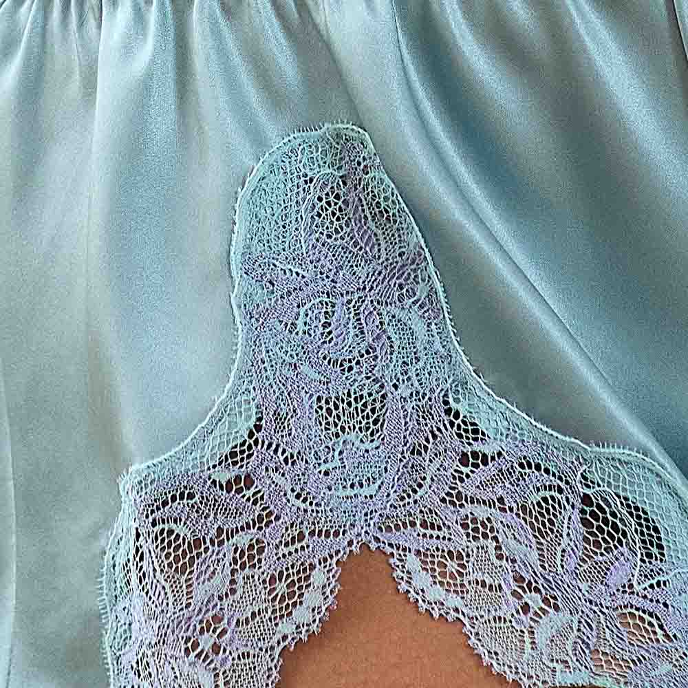 Detail of lace applique on sage silk Celeste French knickers
