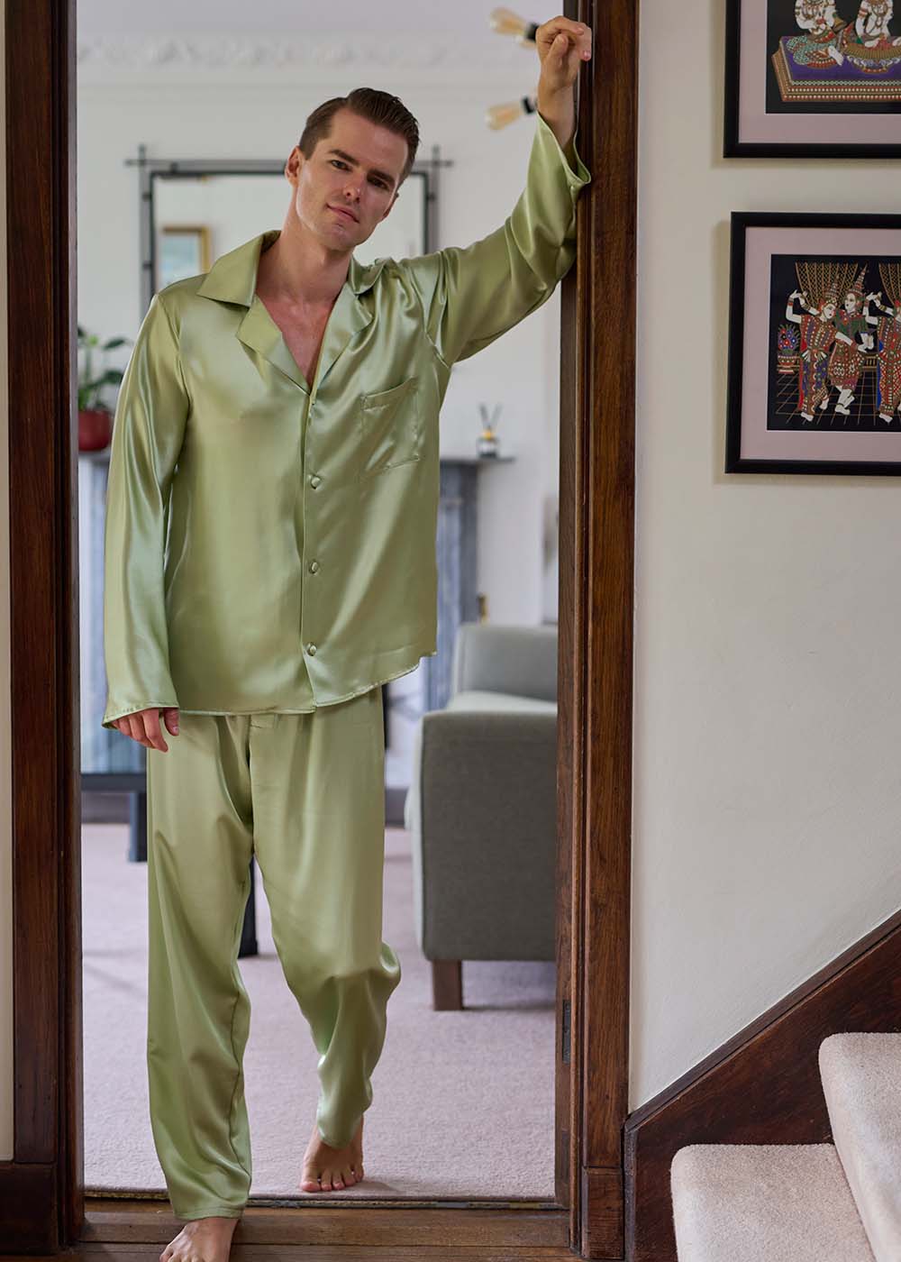 Pistachio silk pyjama jacket & trousers