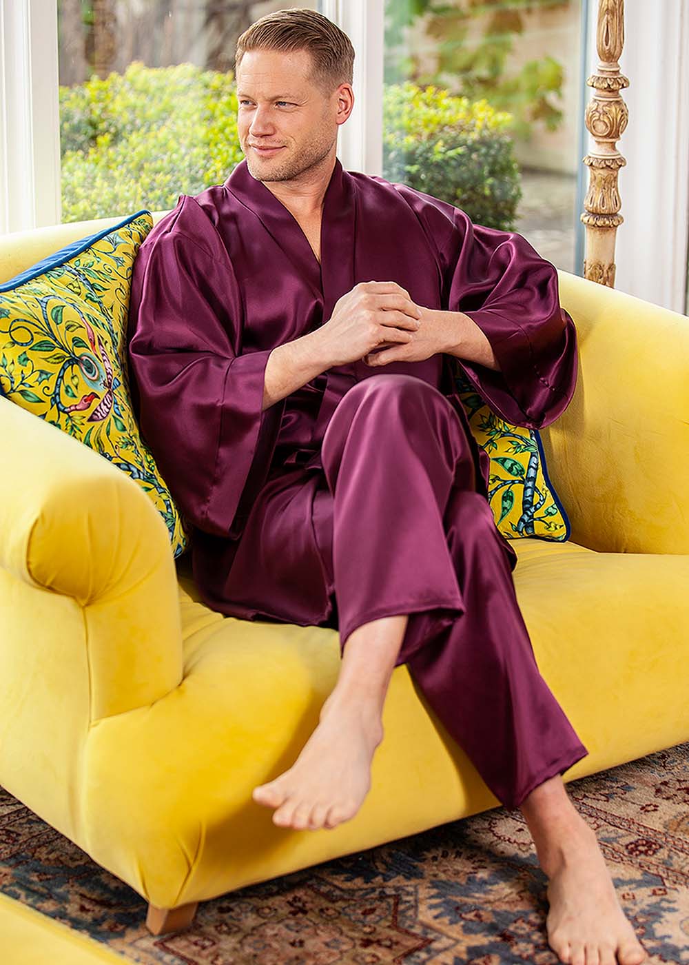 Garnet silk kimono & pyjama trousers