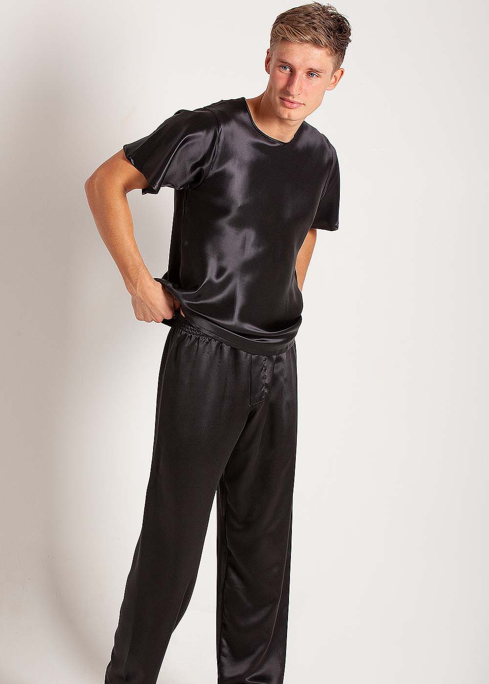 Black silk T shirt & pyjama trousers