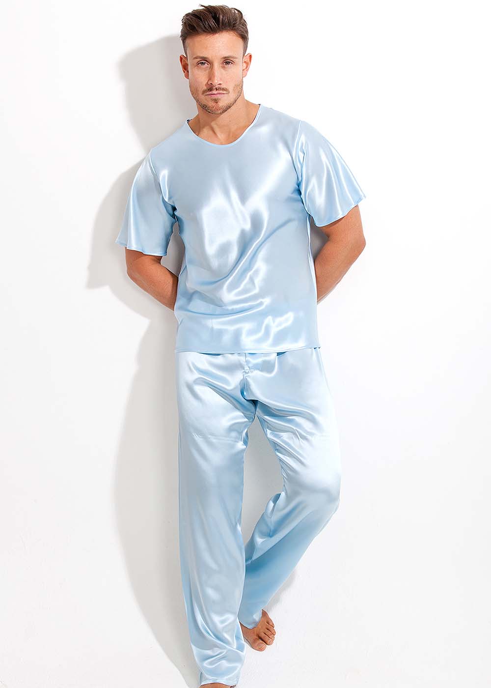 Pale blue silk T shirt & pyjama trousers
