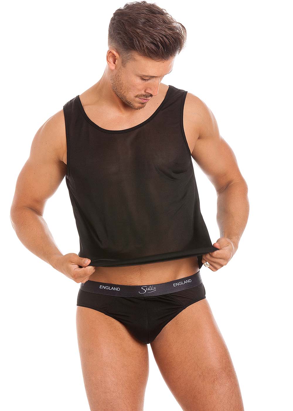 Black silk jersey singlet & briefs