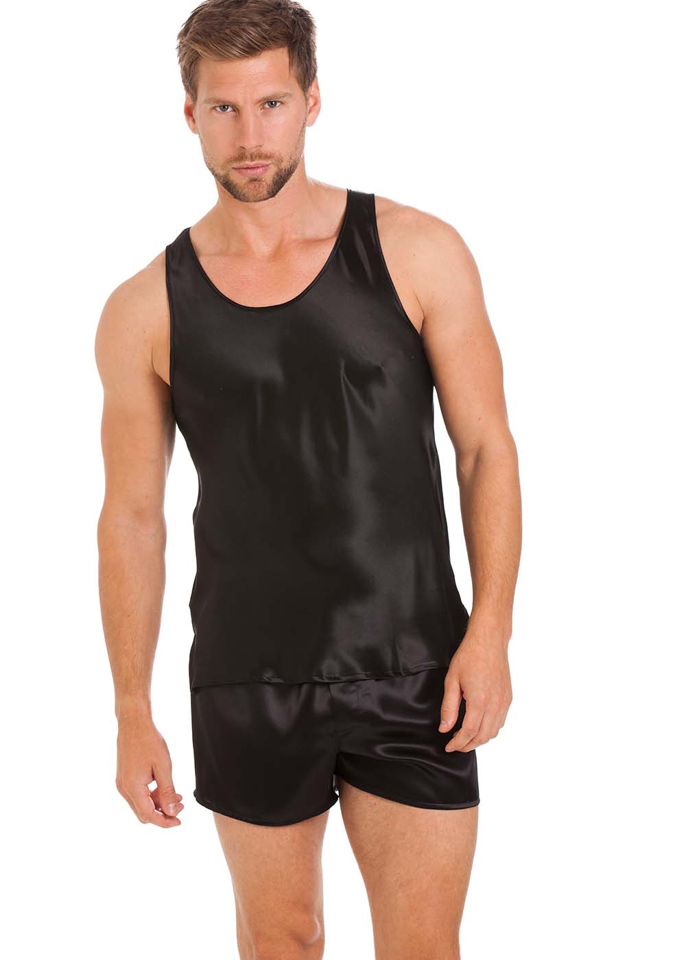 Black silk singlet & boxer shorts