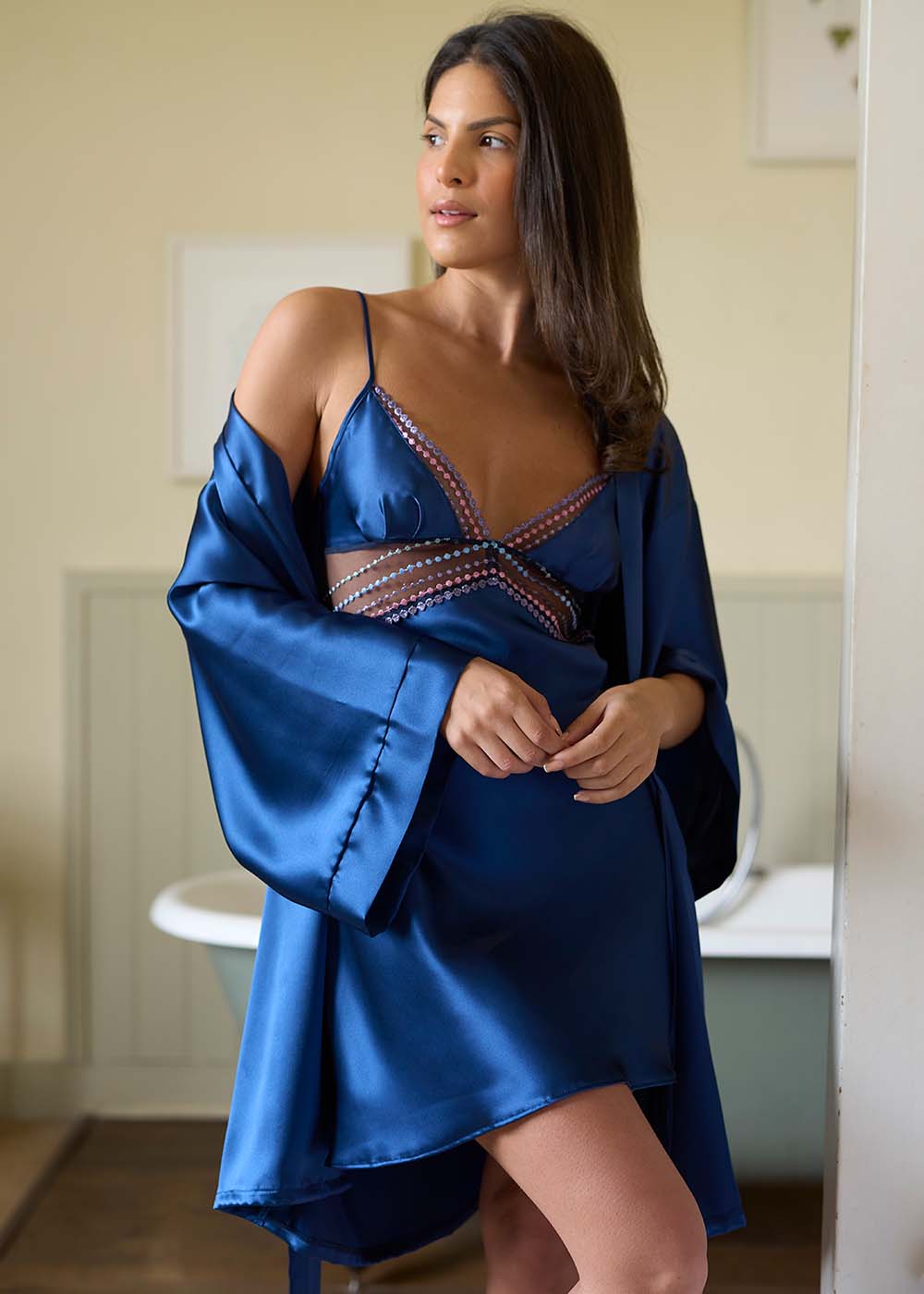 Silk slip & kimono in midnight