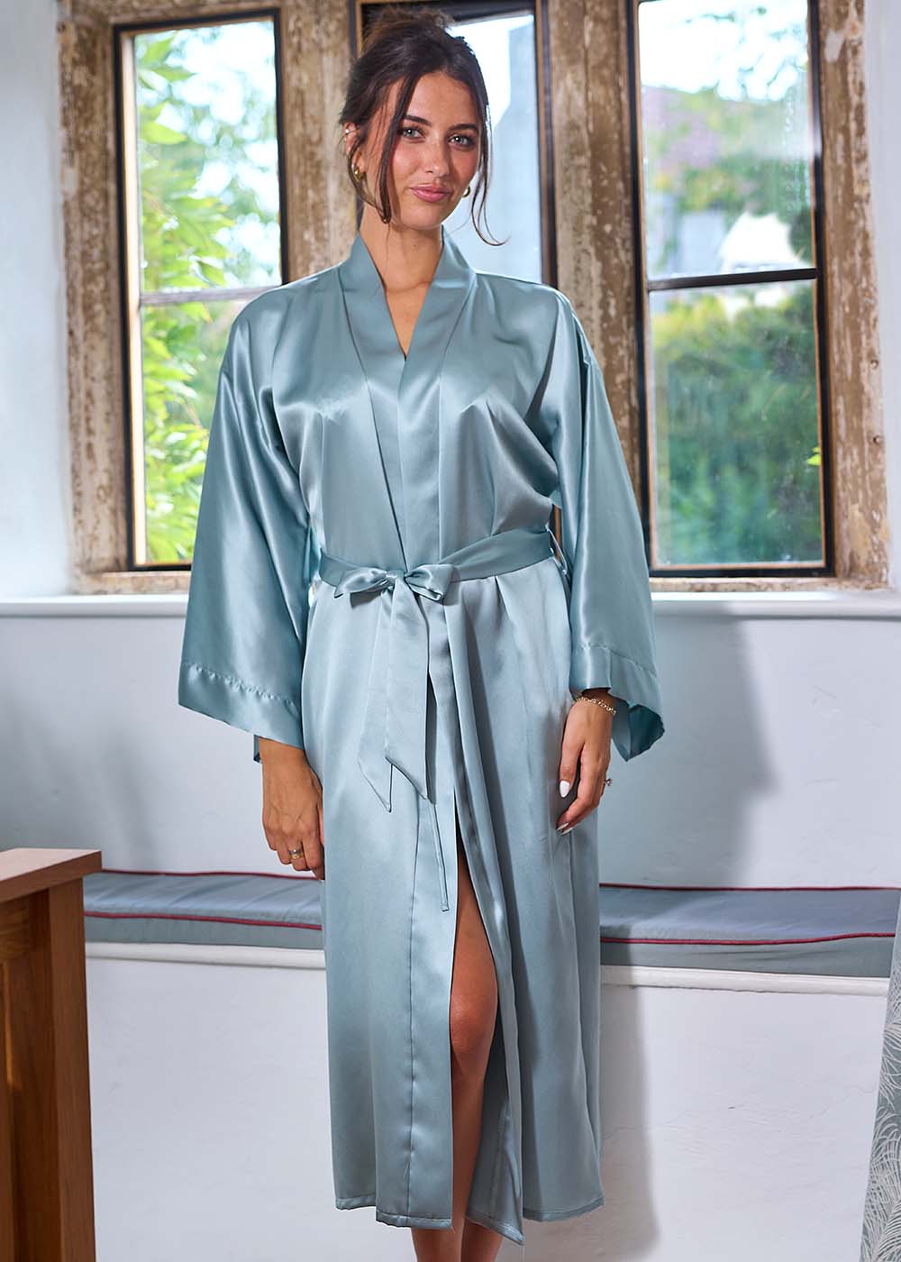 Sage silk long kimono