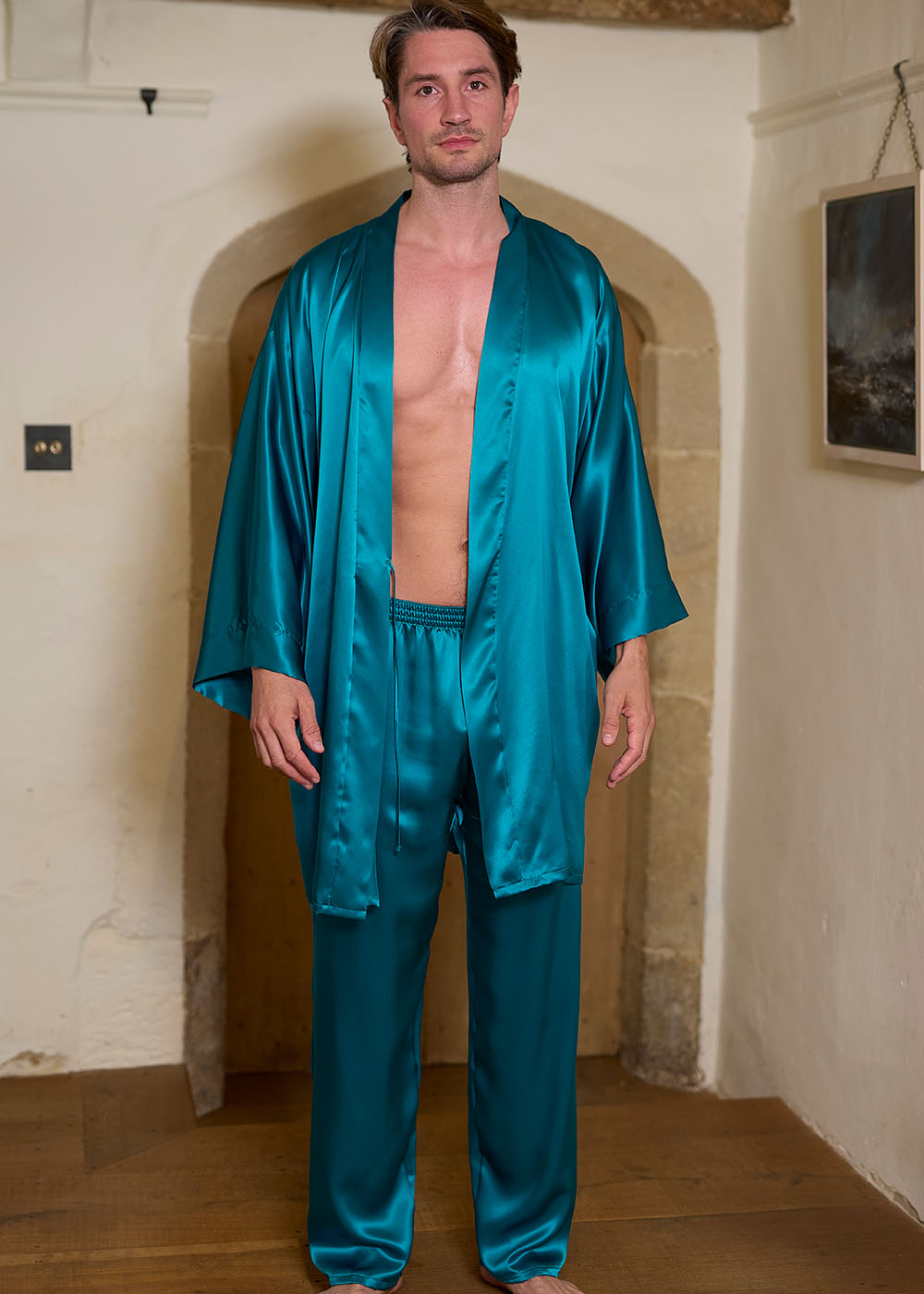Jade silk short kimono and pyjama trousers