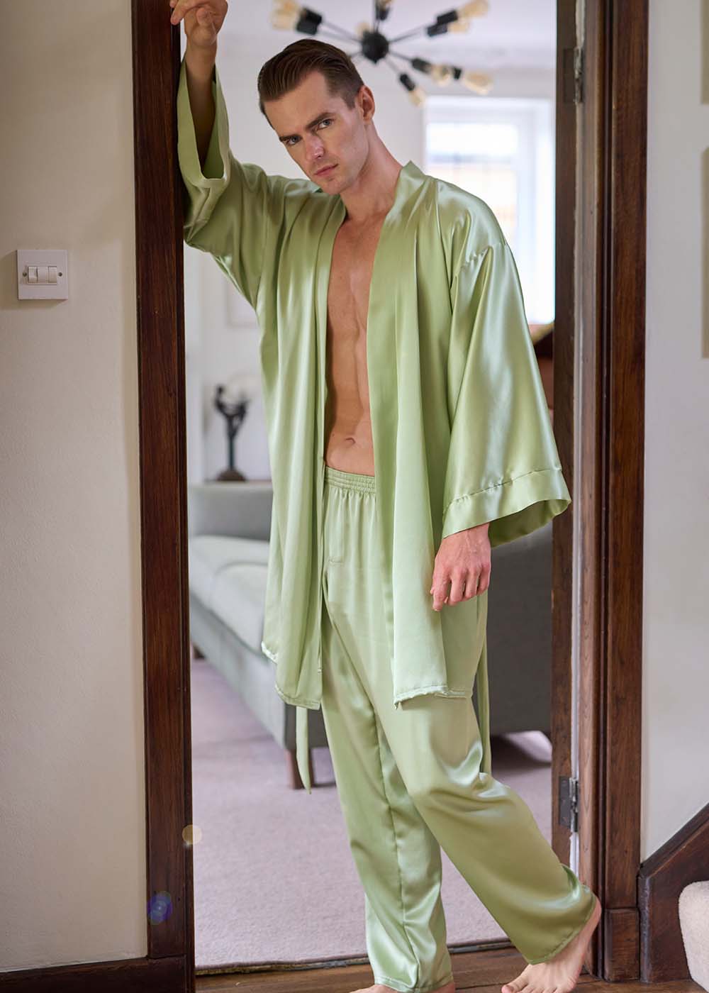 Pistachio silk kimono & pyjama trousers