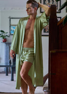 Pistachio silk kimono & boxer shorts