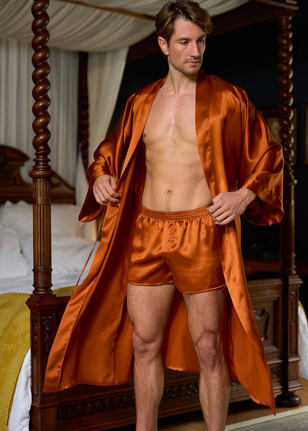 Umber silk long kimono and boxer shorts