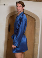 Navy silk Riviera robe, side view