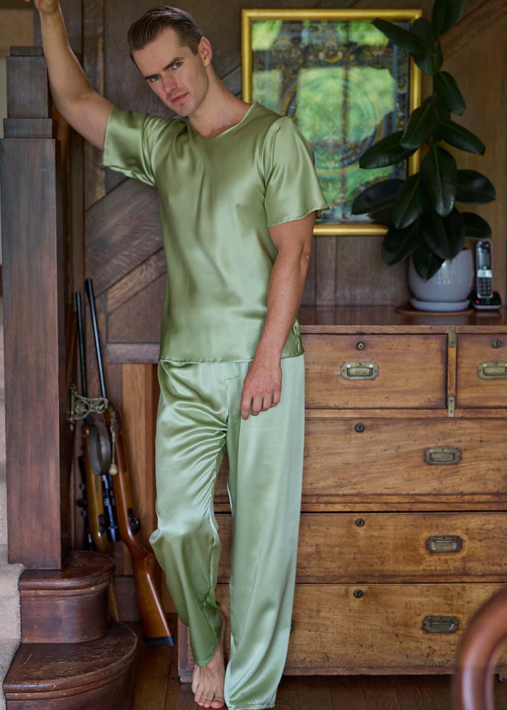 Pistachio silk T shirt & pyjama trousers