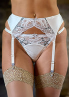 Ivory silk & lace suspender, string & stockings.