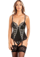 Black silk soft basque, string & stockings