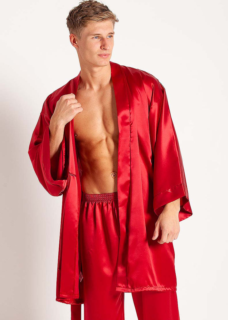 Cranberry silk kimono & pyjama trousers