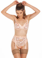 Blush silk bra, suspender & thong