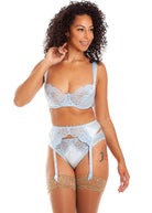 Blue silk bra, suspender & briefs