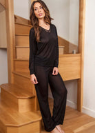 Black silk jersey lounge pants with long sleeved motif vest